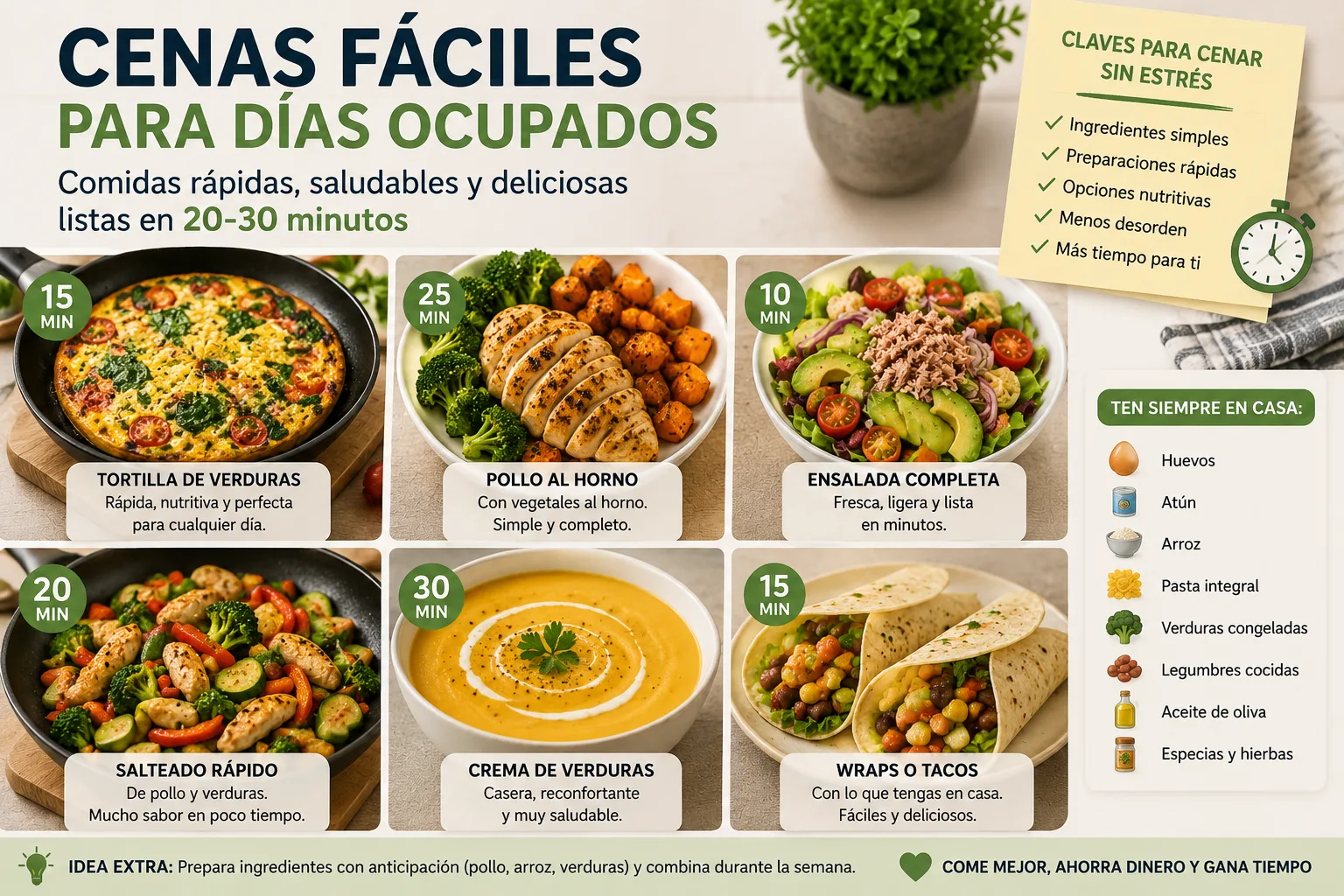 Cenas fáciles para días ocupados: cómo cenar saludable incluso cuando no tienes tiempo ni energía