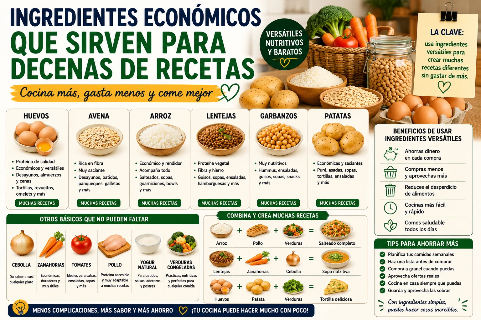 Ingredientes económicos que sirven para decenas de recetas: la base de una cocina inteligente, saludable y económica