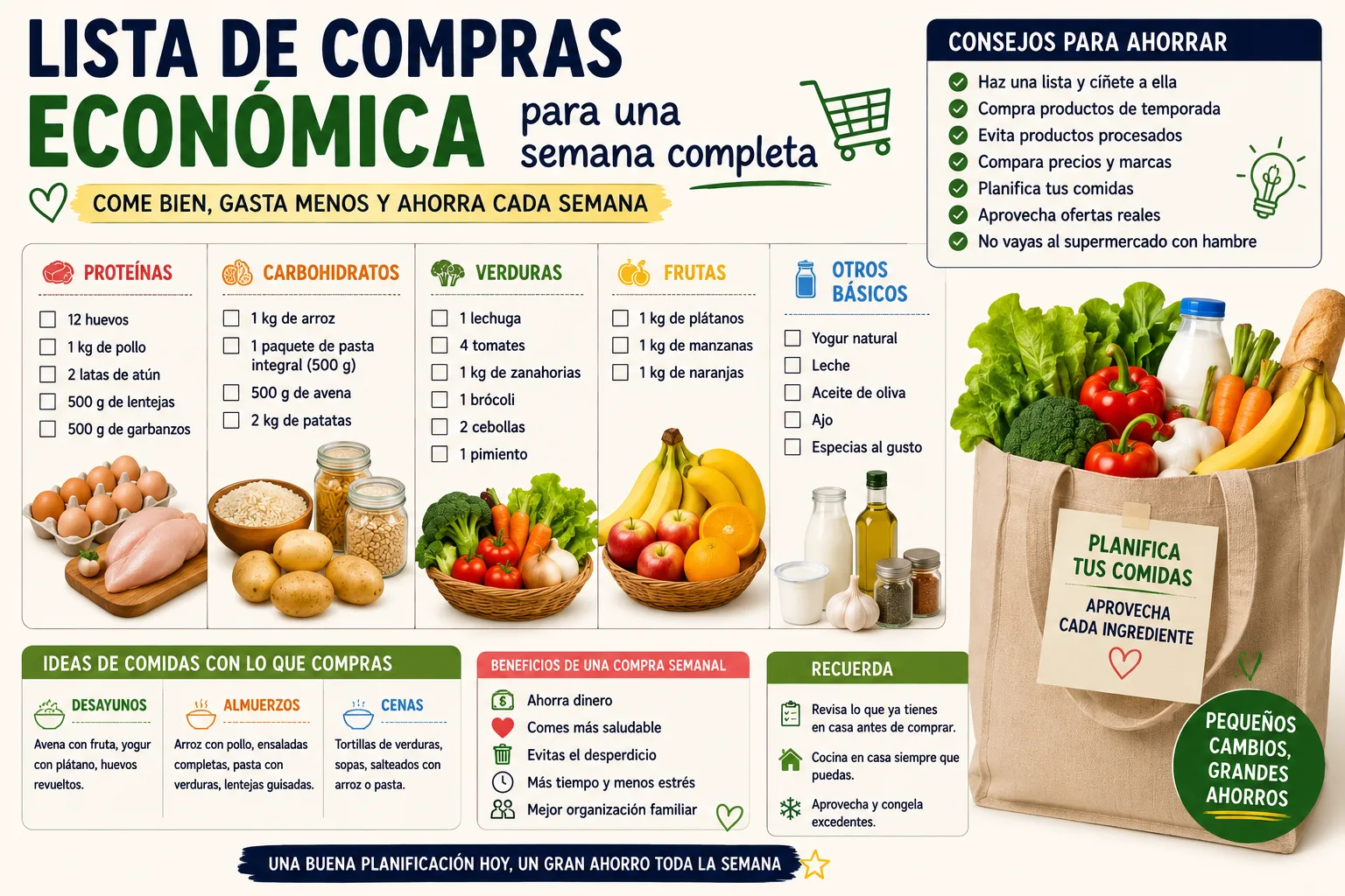 Lista de compras económica para una semana completa: cómo ahorrar dinero y comer bien sin complicaciones