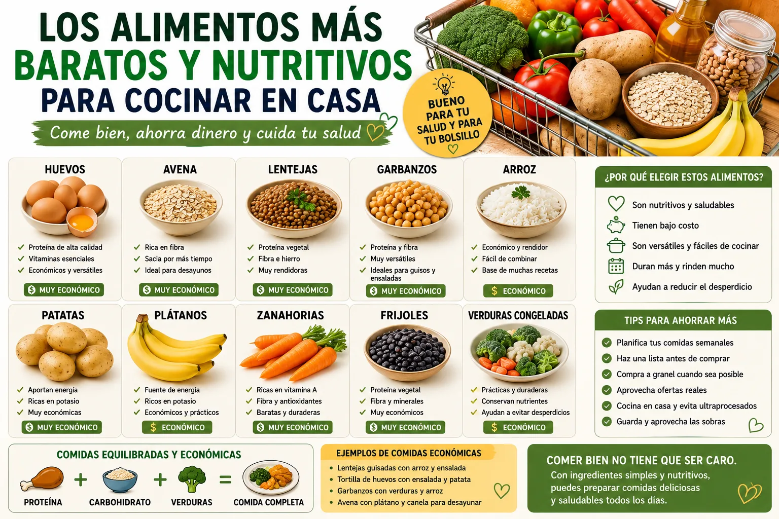 Los alimentos más baratos y nutritivos para cocinar en casa: guía completa para comer mejor gastando menos